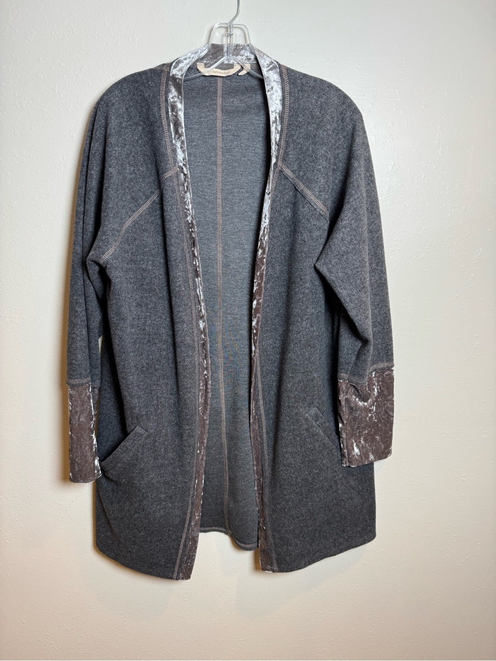 Soft Surroundings Cozy Charcoal Open-Front Cardigan with Velvet Velour Trim